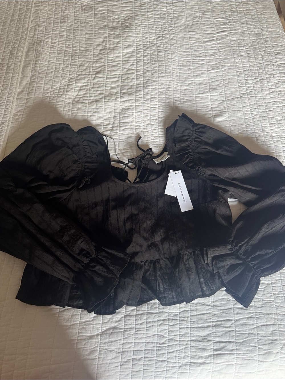 Topshop Black Puff Sleeve Ruffled Peasant Blouse